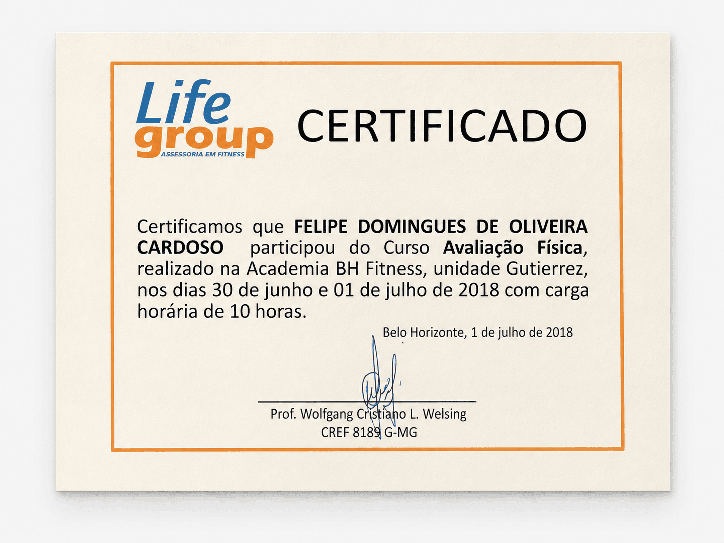 Certificado: Avaliação Física